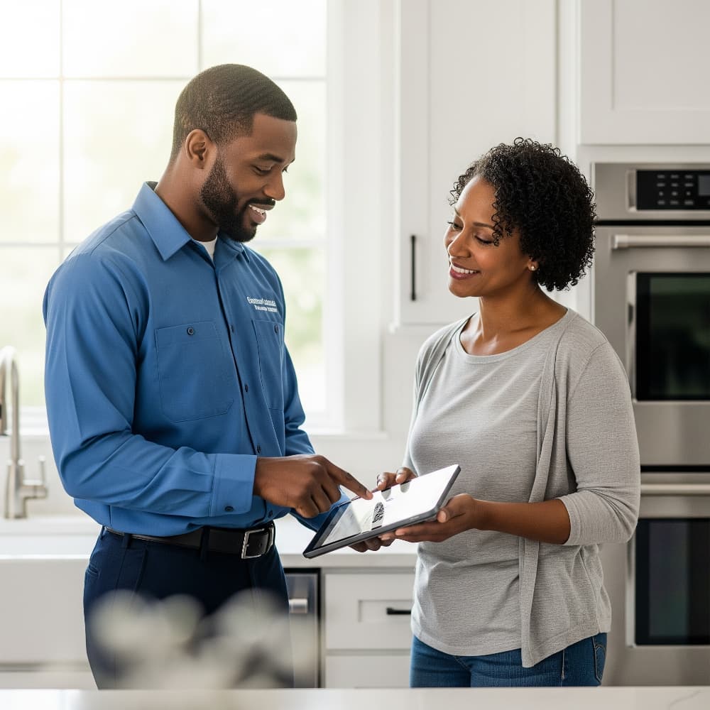 Home-service technician consulting with a homeowner